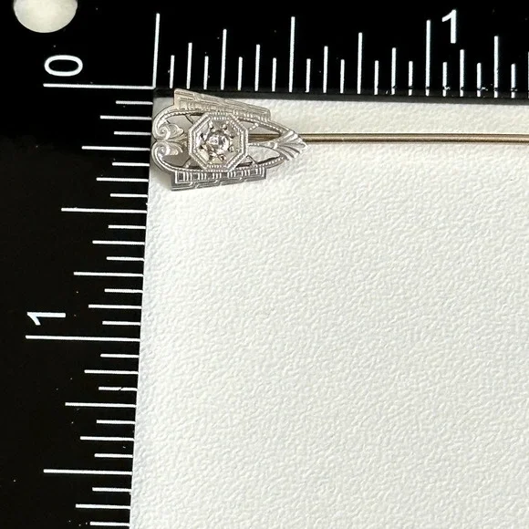 Antique 14K Solid Gold & Platinum Face Diamond Stick Pin 2.5" - Picture 10 of 15